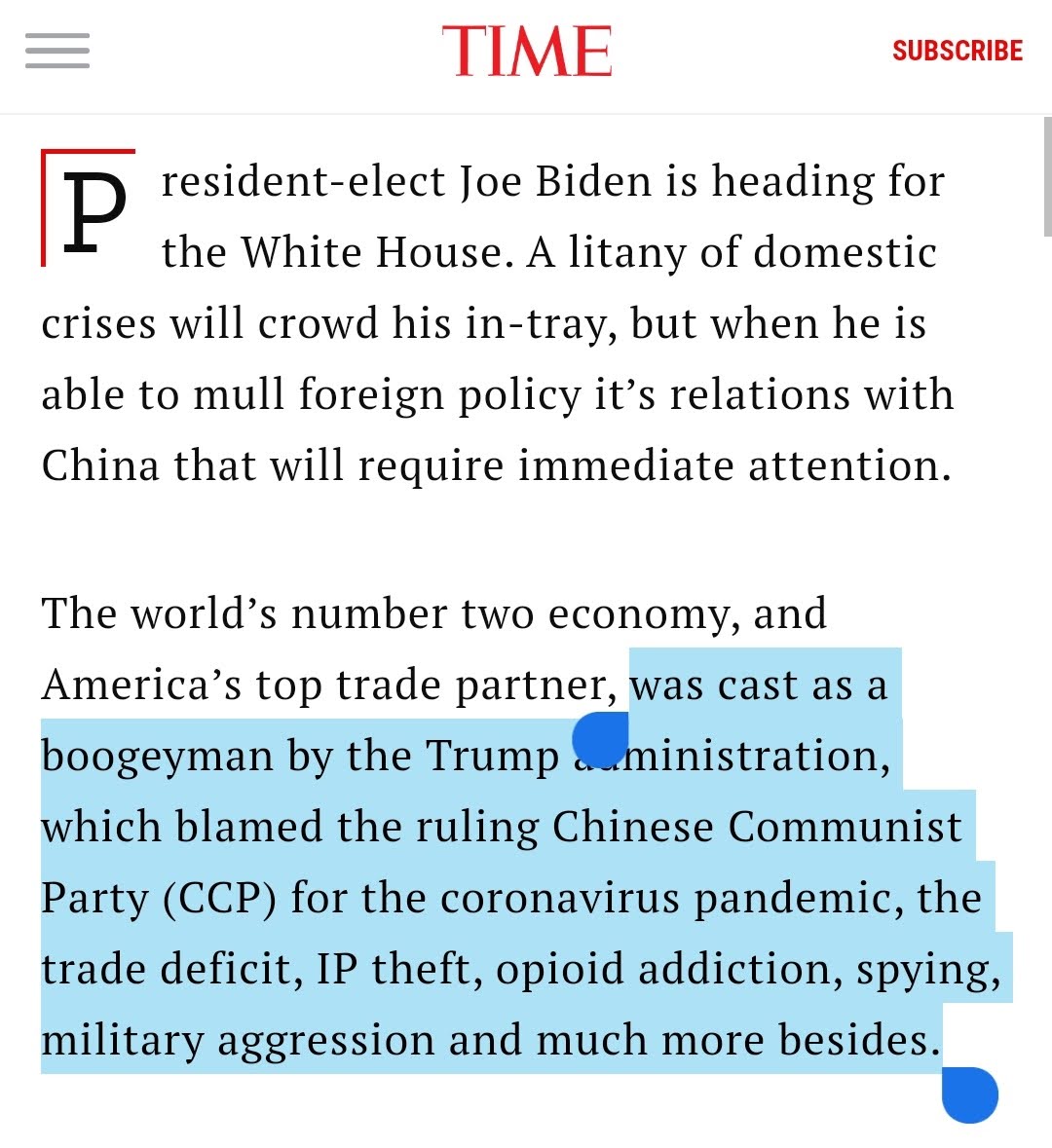 The article starts by casting doubt on Trump's policy of blaming China for the Coronavirus pandemic, IP theft, opioid addiction, spying, military aggression, etc. As if either a) Trump is the reason China was doing these things or b) Trump's tendency to blame China is bogus.