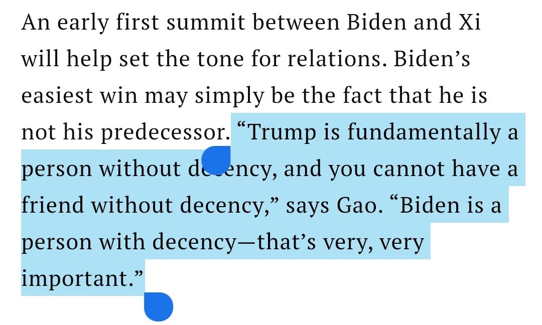 Trumps lack of decency does not make China’s problematic behavior less problematic. Biden’s decency does not (and did not from 2008-2016) make China into a better actor on the world stage.Also, lol to all the people who say China prefers a Trump presidency. cc  @nickkristof