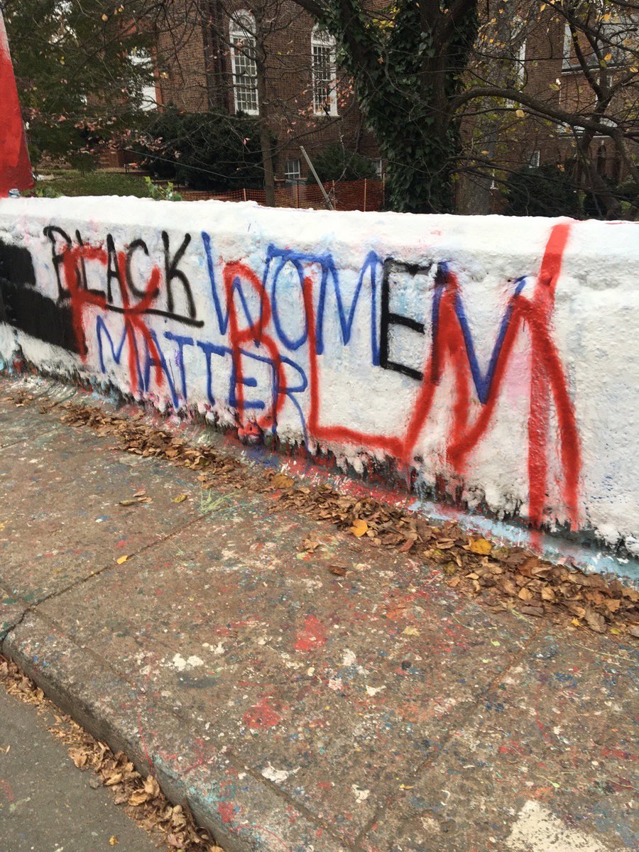 SURJ_Cville's tweet photo. Unknown racists painted “Fuck BLM” over “Black Women Matter” on the Beta Bridge. While some local anti fascists were removing the racist message, two men driving by yelled “fuck black lives.” Please be careful out there #Cville + #UVA - if you see racist shit, let us know. https://t.co/lGzekgTod7