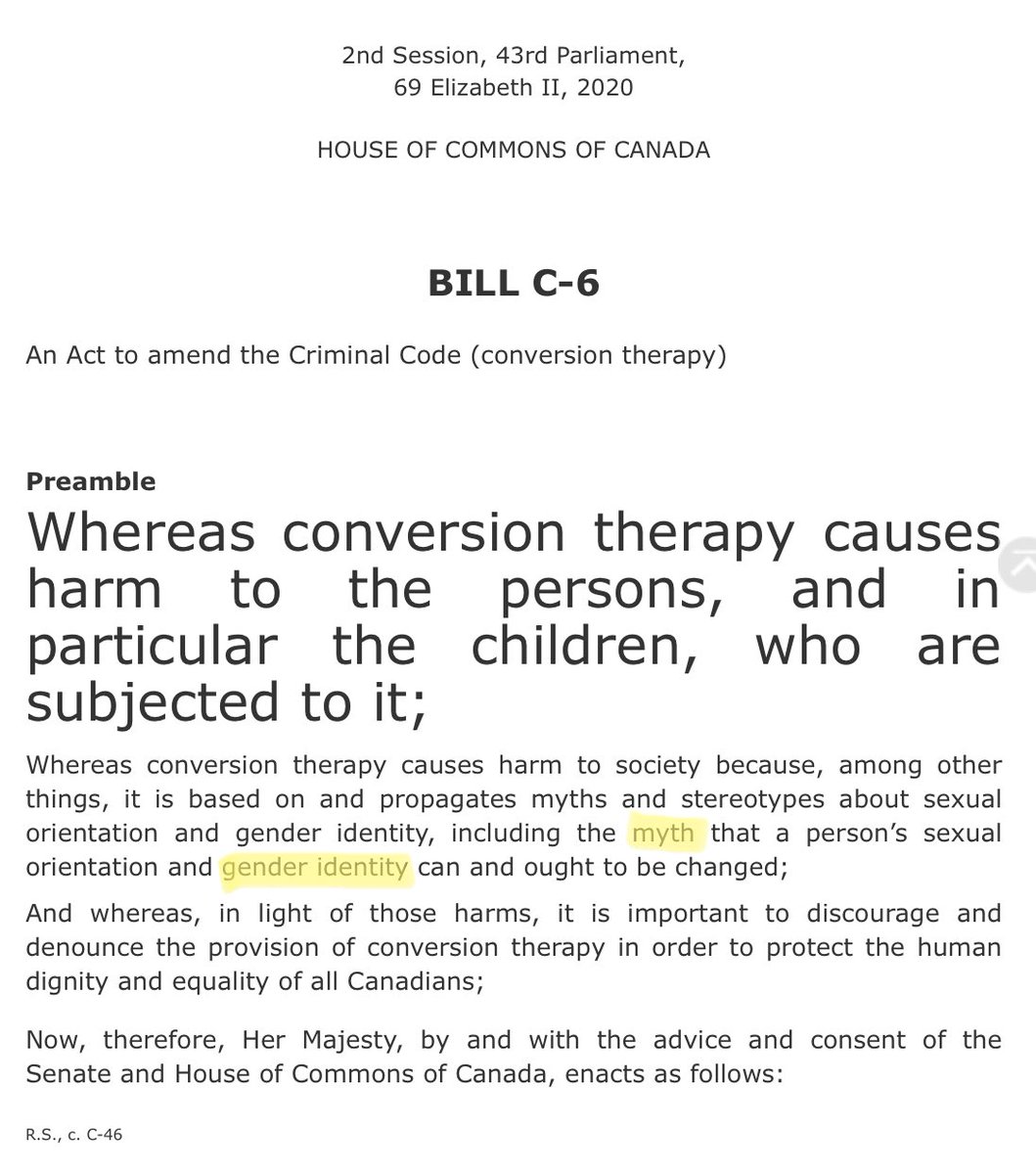56.Where better to start with Bill C-6 than with the preamble?It is utterly astounding to me that a Bill this important has been presented, and right from the get-go it is 180° false.‘Gender identity’ changes ALL THE TIME. @Puglaas  @Yasmin_Ratansi  @marwantabbaramp