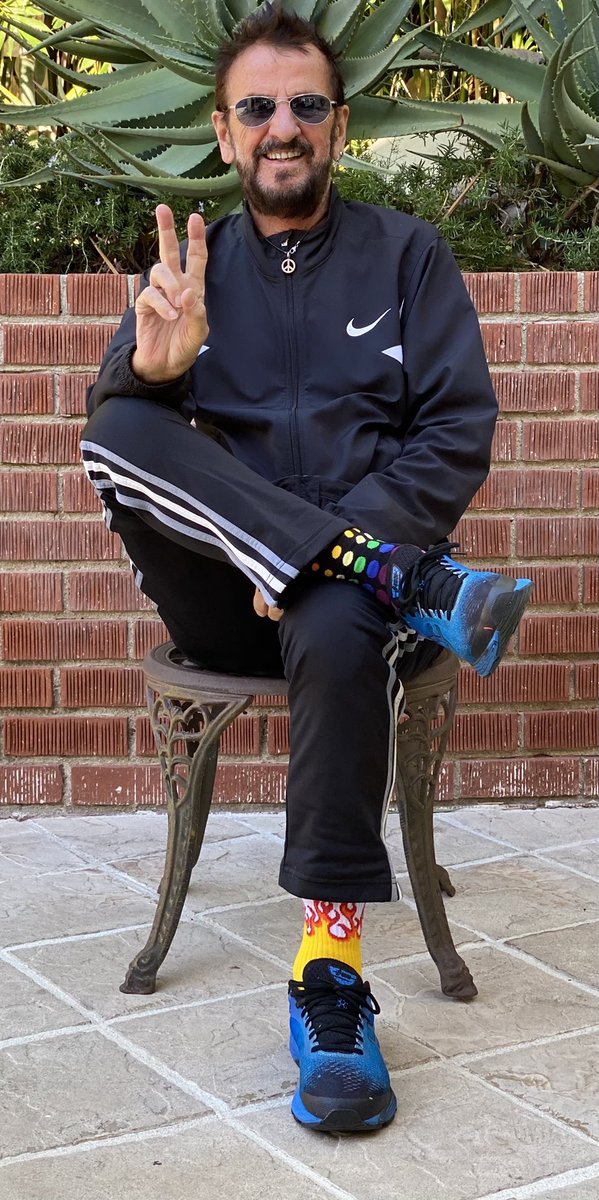 ringostarrmusic's tweet photo. "Peace, Love and Odd Socks - I'm wearing these in support of #OddSocksDay to celebrate individuality and Unite Against Bullying"
 #Thekidsareunited #Unitedagainstbullying #AntiBullyingWeek Peace and love. 😎✌️🌟❤️🎶🍒🎼🥦🦏☮️ https://t.co/ZD5DfmxHhR
