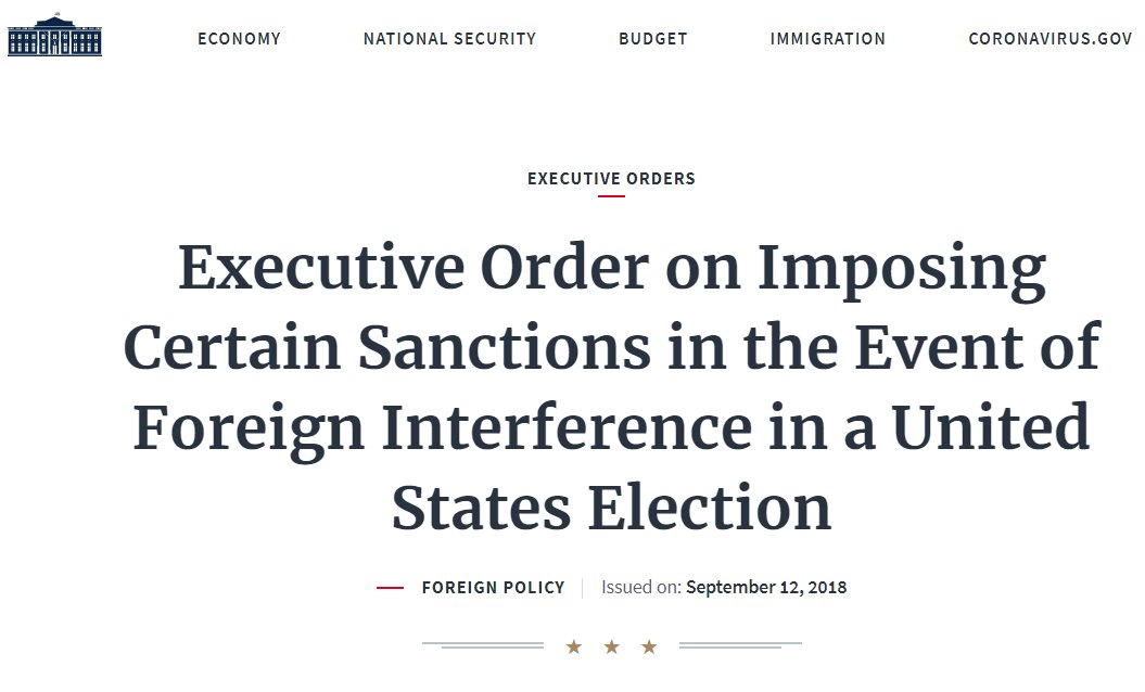 E.O. 13848 Declared a National EmergencyICYMI  @POTUS's EO gives the DOJ power to seize all assets of those complicit in aiding or covering up foreign interference in OUR elections. The usual suspects are joined by Fake News anchors & Big Tech CEO's https://distributednews.com/474016.html 
