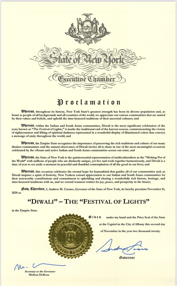 The State of New York  @NYGov recognizes Diwali, but *not* that it is a Hindu, Sikh, Jain, and Buddhist holiday. They refer to Diwali as “Indian” and “South Asian”.