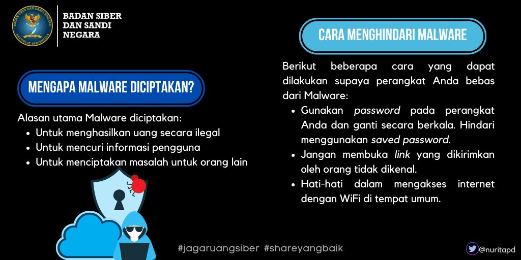 NTofik09's tweet photo. Hai #warganet #sobatkom, tahu g tujuan malware diciptakan? Juga gimmana cara mengjindarinya, maka simak penjelasan dibawah ini 👇 @kominfokabtegal @kemkominfo @ruangsibercom https://t.co/6GUMghB6e5