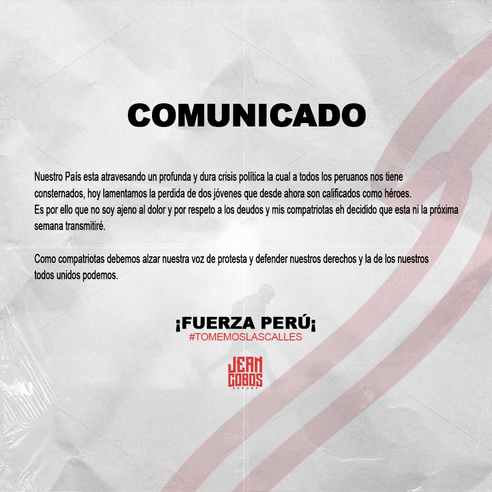 jeancobos_pe's tweet photo. ¡FUERZA PERÚ!
#TomemosLasCalles https://t.co/VCdvZaNMbe