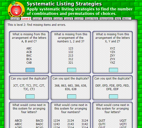 Transum's tweet photo. Systematic Listing Strategies: Online exercises, many different levels and all self-marking. What's not to like as they say!

https://t.co/k5cjg96zq5

#mathschat #mathchat #mathsCPDchat #Combinatronics https://t.co/JNYq3l87Hg