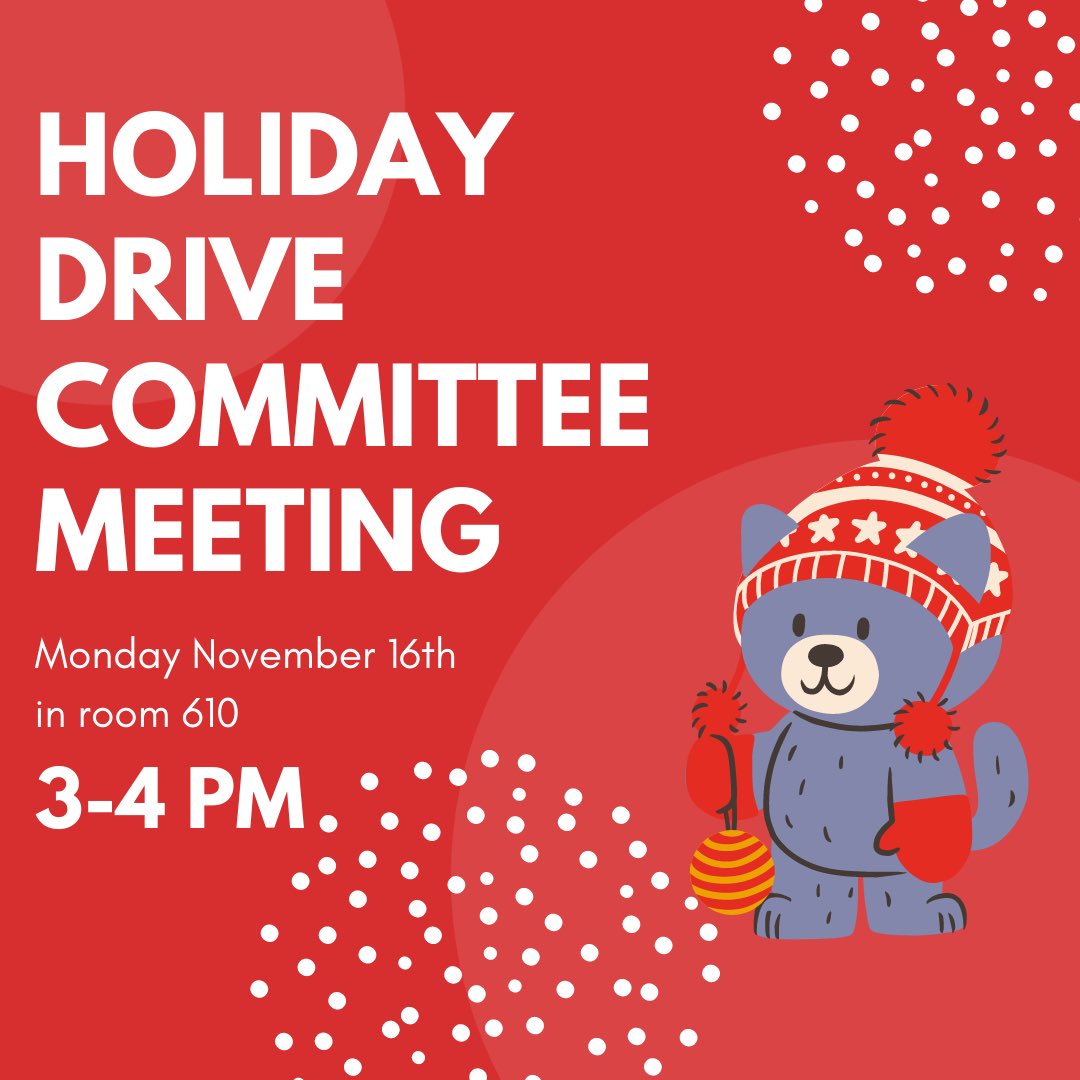 DECABadger's tweet photo. Join us tomorrow for the Holiday Drive Committee meeting from 3-4 in room 610! https://t.co/HBubXDyLp3