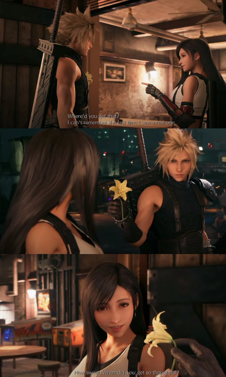In OG, Tifa assumes the flower is for her and there is the option to give the flower to either Tifa or Marlene. In FF7R, Tifa only asks where Cloud got the flower and it's non-optional that Cloud gives Tifa the flower. 