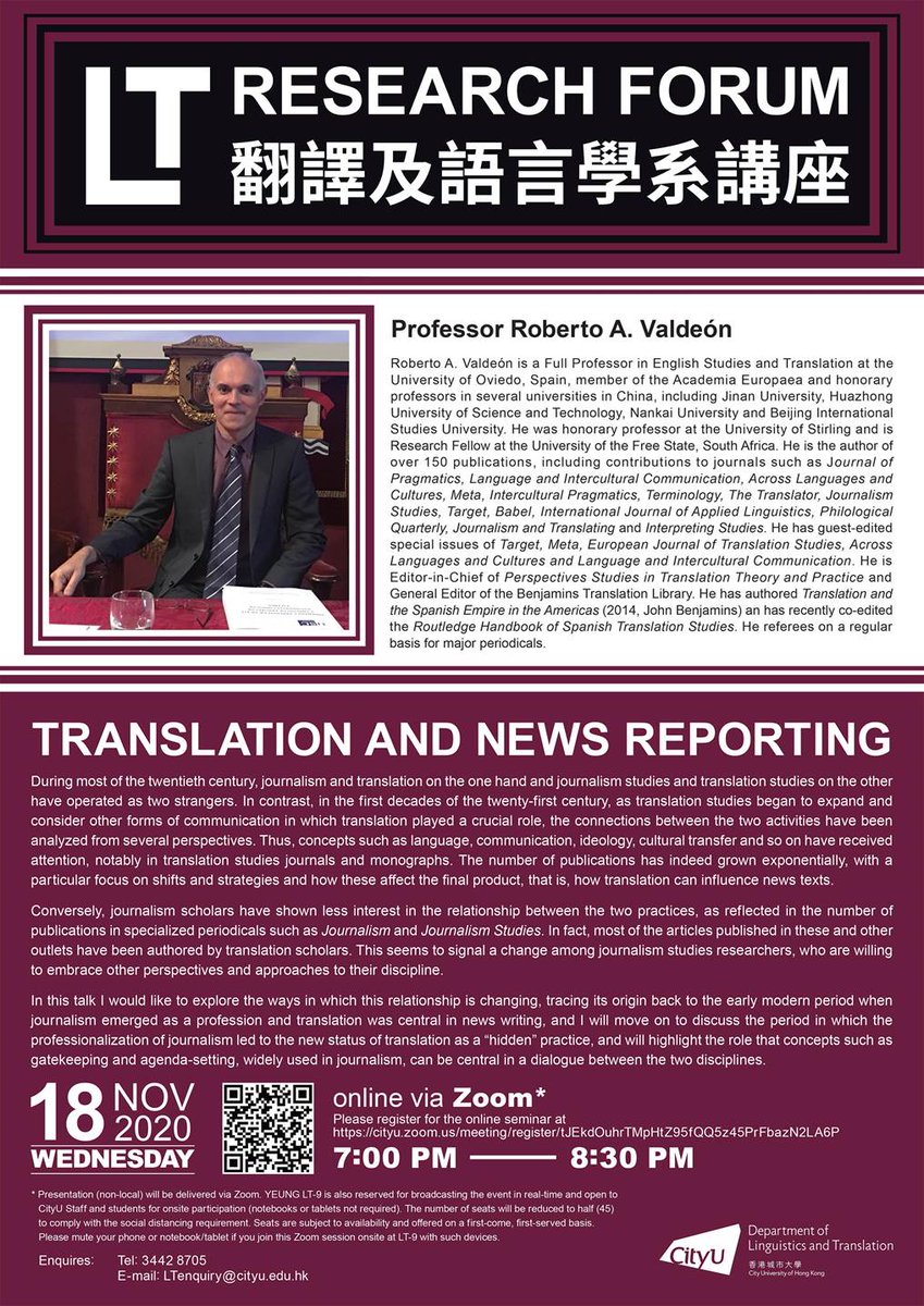 HkHumanities's tweet photo. Upcoming event: On Nov 18, @CityUHongKong will host a webinar where Prof. Roberto A. Valdeón will discuss Translation and News Reporting. The event is part of the research forum at the Dept. of Linguistics and Translation. Learn more here: https://t.co/NrwjKoFa1k 

#Humanities https://t.co/Ak7BFwdsji