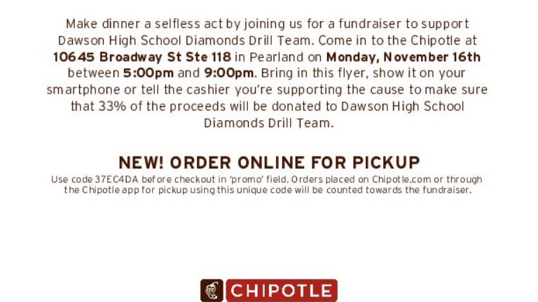 DawsonDiamonds's tweet photo. Please share with anyone &amp; everyone who eats! 
TOMORROW 
*5:00pm-9:00pm
*10645 Broadway St 
Save your online ordering code and share with your supporters to make sure online purchases count. Reminder — your online ordering code is: 37EC4DA. https://t.co/LxWdn6KU1K