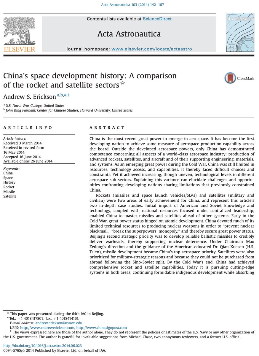 In  @Princeton  @PUPolitics's PhD program, I had many great colleagues, incl.  @ChongJaIan; w/  @osmastro &  @AdamPLiff to follow!I focused my research on  #Chinese  #Aerospace Development. Historical summary:  https://www.andrewerickson.com/2014/09/chinas-space-development-history-a-comparison-of-the-rocket-and-satellite-sectors-3/ #BottomLine: PRC prioritized  #ballistic  #missiles.