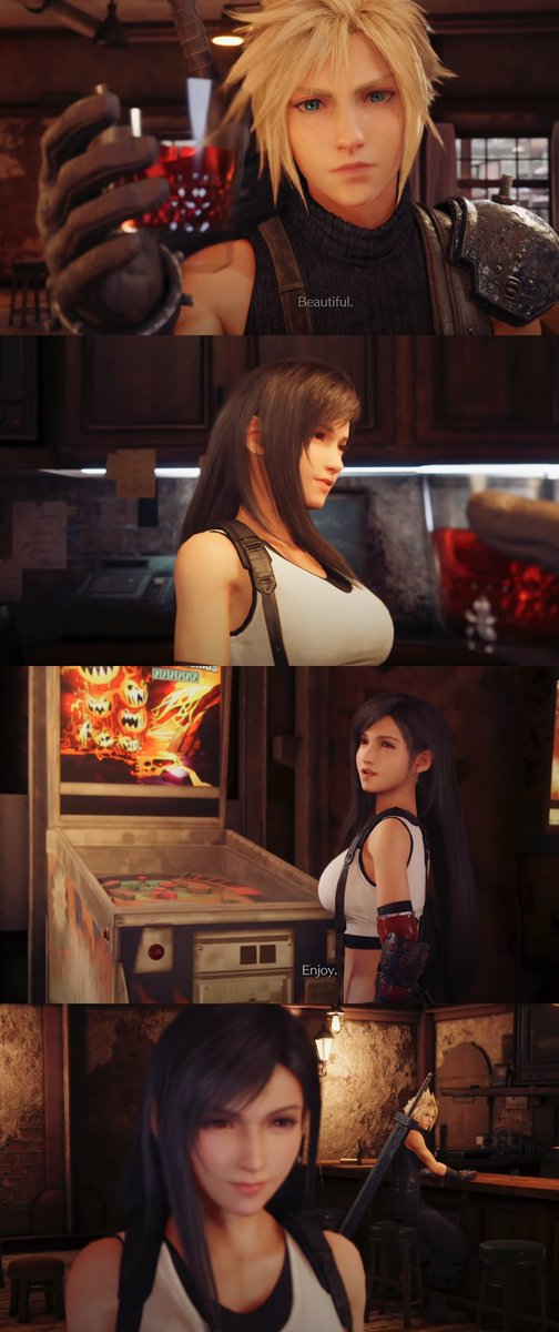 In OG, Cloud takes a drink immediately & is a bit of a SOLDIER-idgaf-give me my money-d1ck to Tifa & she notices something is off with him. In FF7R, he drinks the next day & they replaced that whole scene with Cloud calling Tifa 'beautiful' and these two flirting like get a room