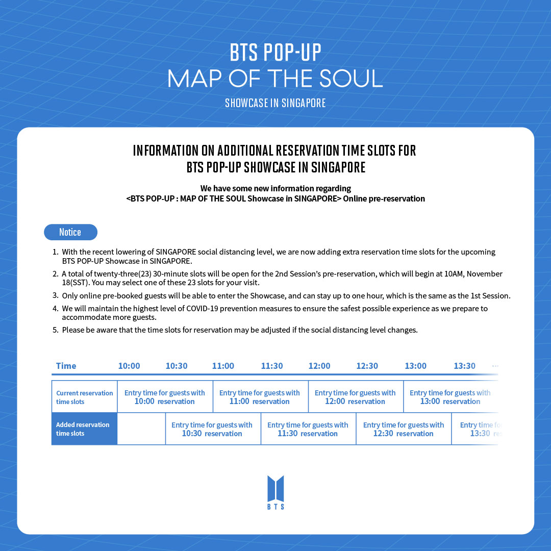 morningKall's tweet photo. [BTS POP-UP : MAP OF THE SOUL Showcase in SINGAPORE]  

Important message: Pre-reservation opening date and on additional reservation time slots has been changed from the second session
                                    
📌 2nd Pre-reservation : 18 November 2020 
⏰ 10 AM (SST) https://t.co/PtZRlWnVGw