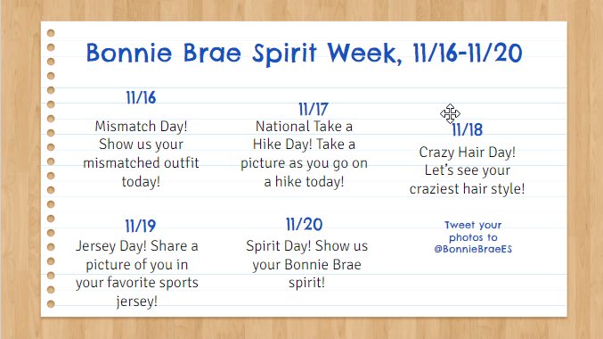 BonnieBraeES's tweet photo. Happy Sunday Scotties! We are beyond excited to have our Ks and PreKs coming back this week. In honor of them here is our spirit week this week! #scottiepride https://t.co/j1y0Pyj2ts
