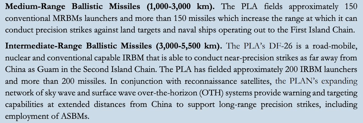 Reported ranges for systems currently in  #PLARF inventory suggest that these 200  #IRBMs are  #DF26s, incl. some # of the  #DF26B  #ASBM variant.DF-26’s dominance of China’s arsenal w/in that set of op-important range parameters suggests great confidence in this particular missile.
