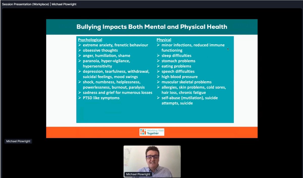 Bullying_Aust's tweet photo. The physical and psychological impact of workplace bullying by Michael Plowright. 

#NMH2020 https://t.co/qjTuRMHj3t
