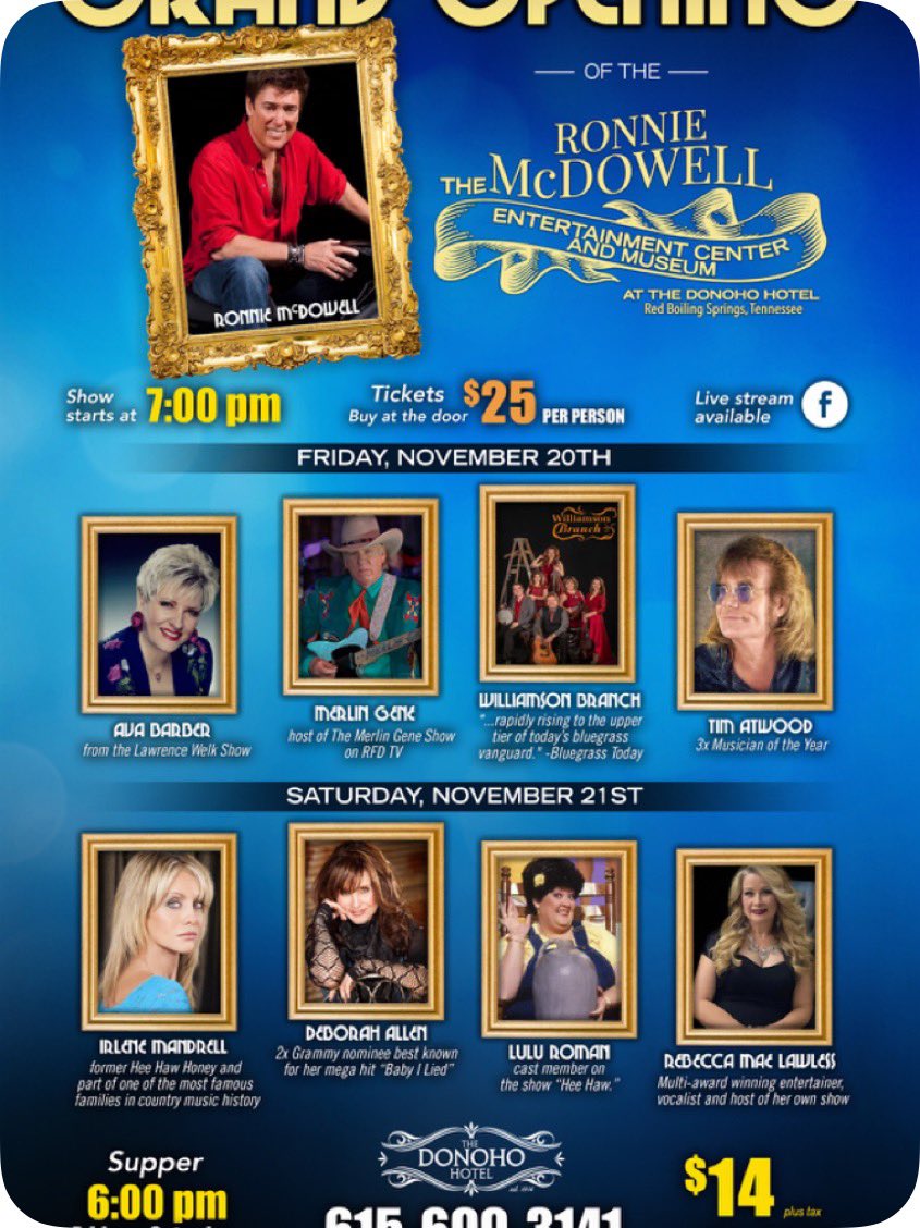 DeborahAllen3's tweet photo. Can’t wait to Celebrate with Ronnie and All of You!!! See you there... at the Donoho Hotel in Red Boiling Springs!!! Dinner at 6:00pm show time 7:pm November 21st!!! ⭐️⭐️⭐️⭐️⭐️♥️
@RonnieMcDowell #DeborahAllen @DonohoHotel #RedBoilingSprings https://t.co/HTIvRHbxJl