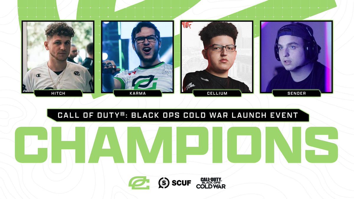 OpTic Texas (@optictexas) on Twitter photo The $25K <a href="/ScufGaming/">SCUF</a> Cold War Launch Event Champions! 🏆 #GreenWall
<a href="/hitchariide/">OpTic Hitch</a> @Sender_FN <a href="/DKarma/">Damon B</a> <a href="/Cellium/">Falcons Cellium</a> The $25K <a href="/ScufGaming/">SCUF</a> Cold War Launch Event Champions! 🏆 #GreenWall
<a href="/hitchariide/">OpTic Hitch</a> @Sender_FN <a href="/DKarma/">Damon B</a> <a href="/Cellium/">Falcons Cellium</a>