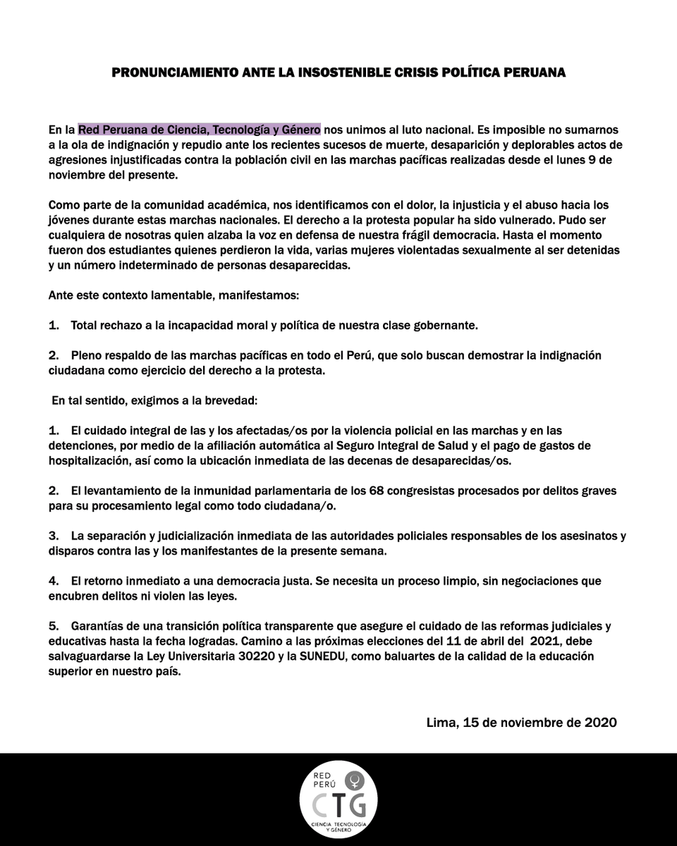 redpeructyg's tweet photo. Desde la Red Peruana de Ciencia, Tecnología y Género nos pronunciamos acerca de la situación que vive nuestro país. https://t.co/GL22KNj3Dw