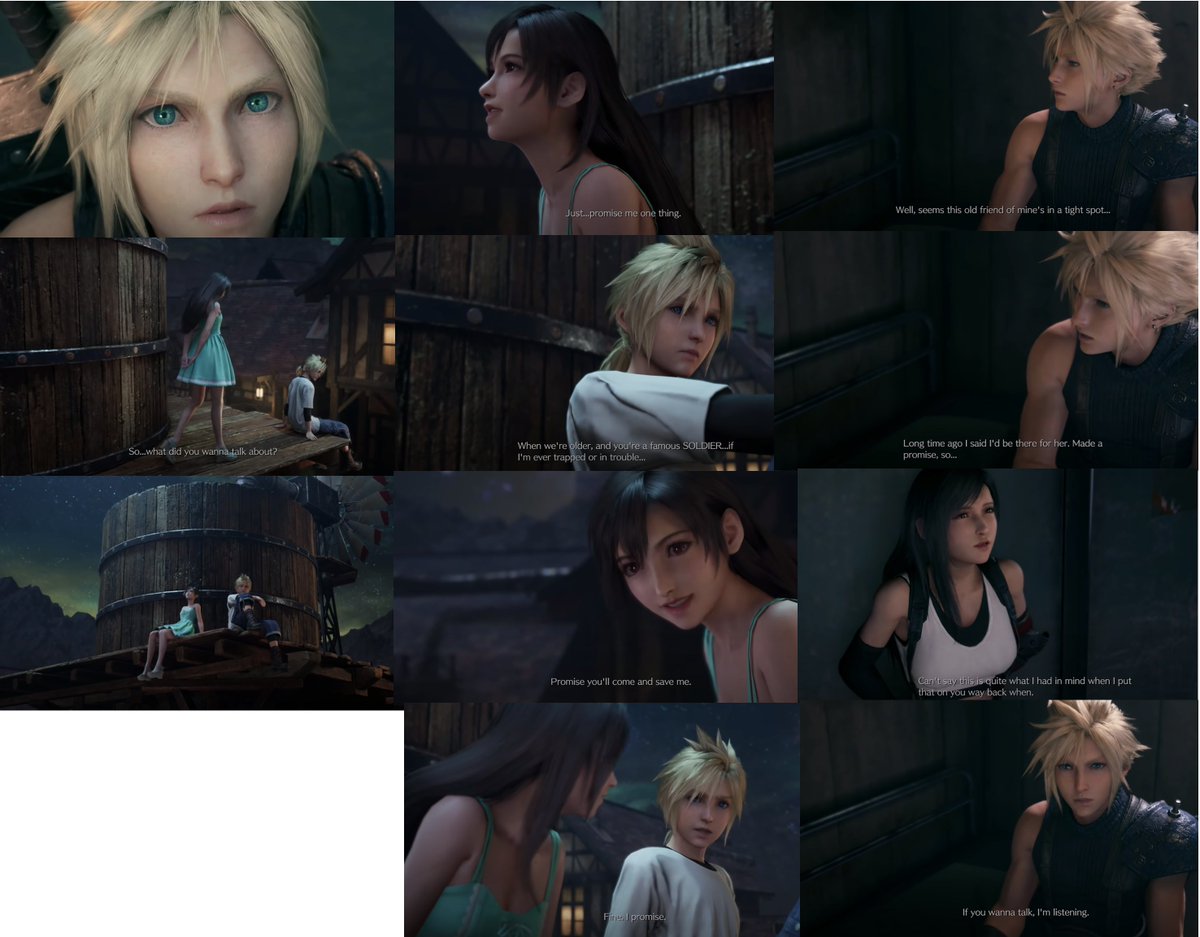 In OG, Cloud forgets their promise & Tifa is the one who reminds him. In FF7R, Cloud remembers the promise on his own & he's the one who actually reminds Tifa 