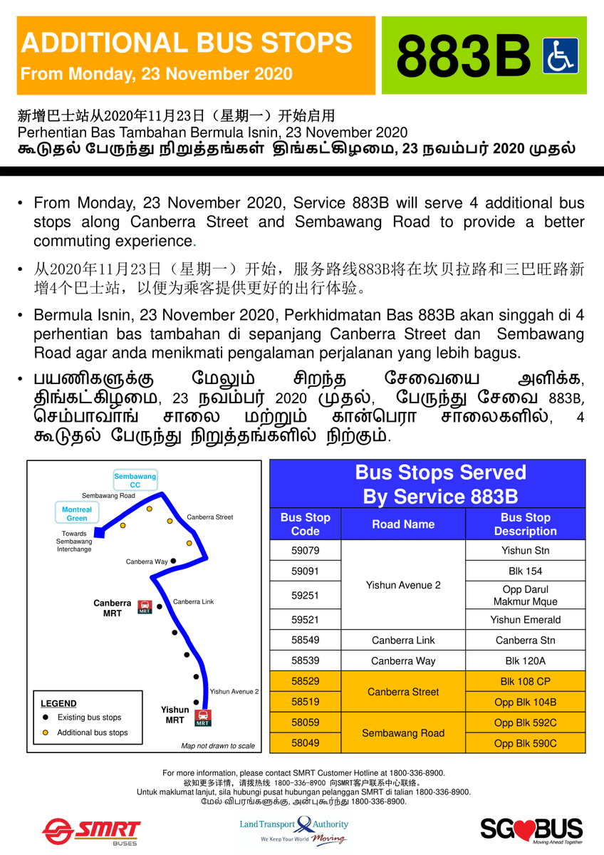 SMRT_Singapore's tweet photo. [BUS] From Monday, 23 November 2020, Service 883B will serve 4 additional bus stops along Canberra Street and Sembawang Road to provide a better commuting experience. For more information, please refer to the poster below. https://t.co/DM468yxVcB