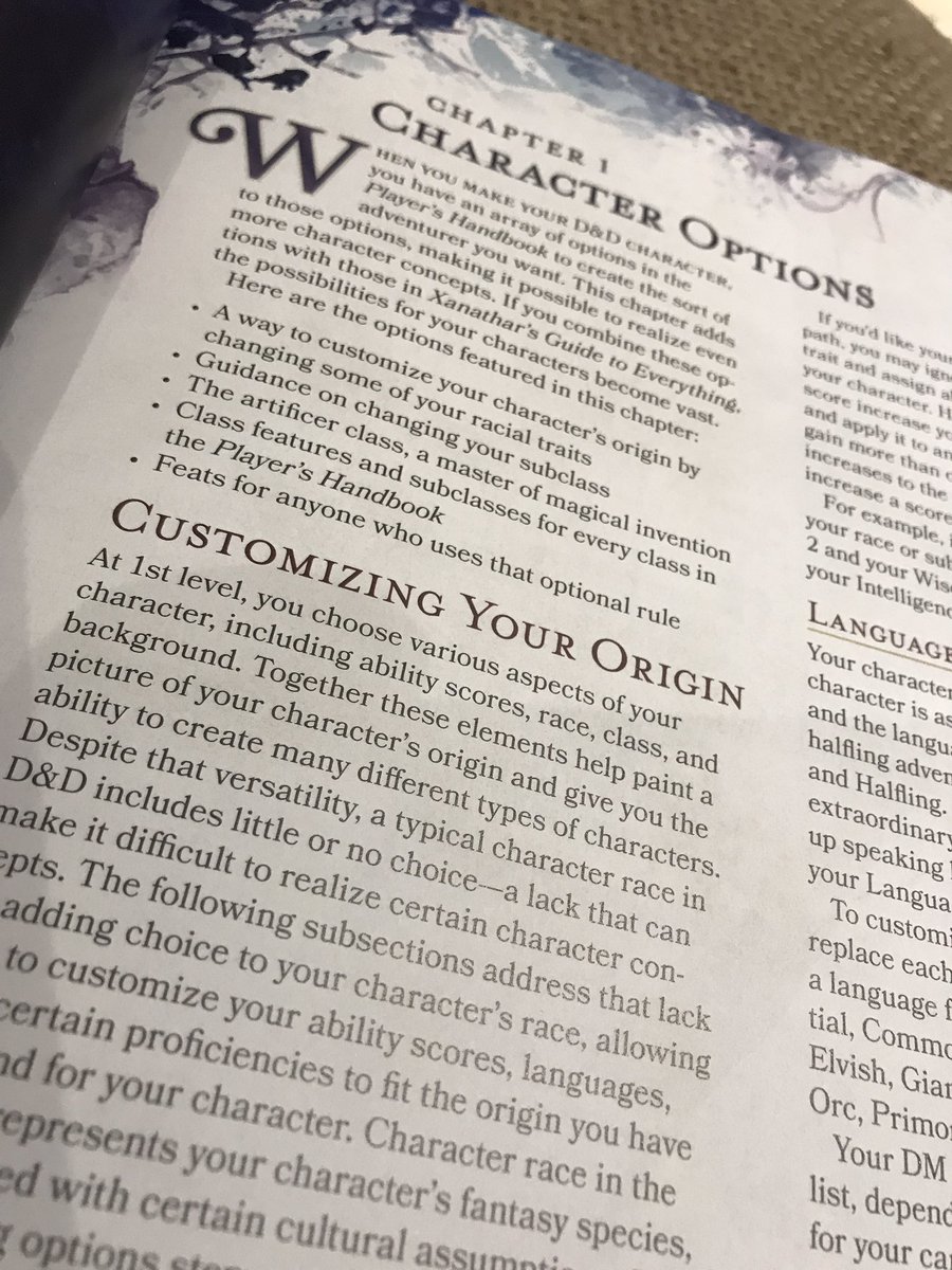 So, chapter 1 launches with the much discussed changes to a race’s ability scores, and how to customize them beyond the PHB’s guidelines. Honestly, this whole thing was IMO much ado about nothing, and I have zero objections to it in my own game. The book devotes two pages to it.