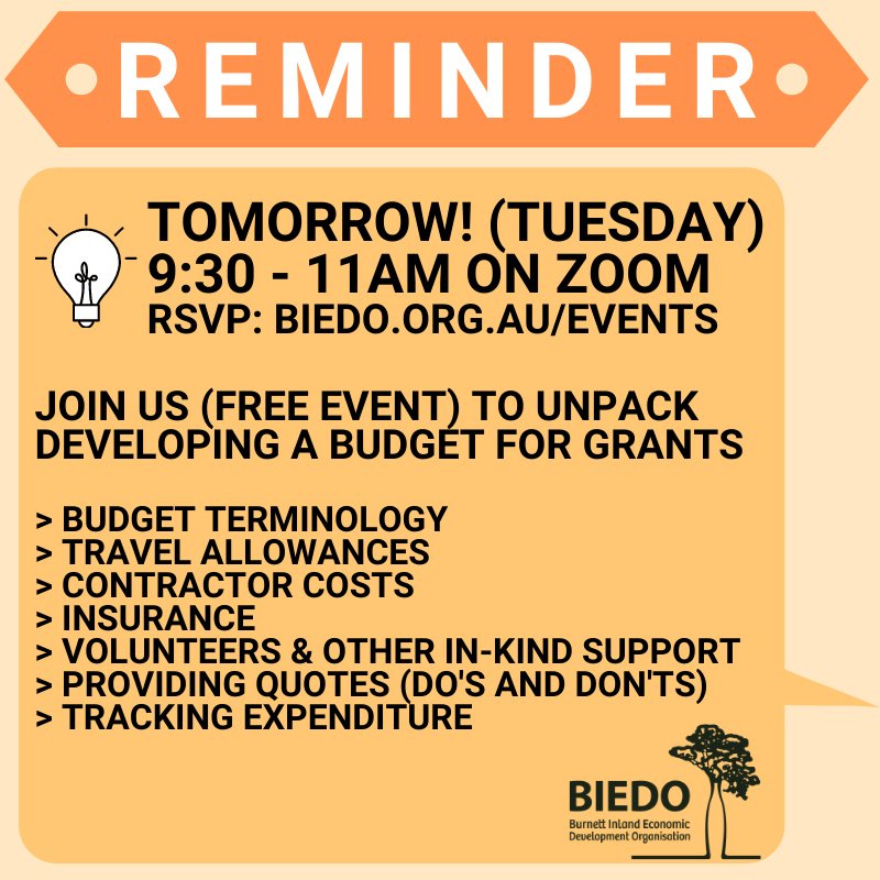 REMINDER! Join #TeamBIEDO online tomorrow morning at 9:30am for this Grant-ED workshop, with a focus on budgets for grant applications! This event is free and all businesses, community groups and individuals are invited to take part, RSVP here ➡️ biedo.org.au/events