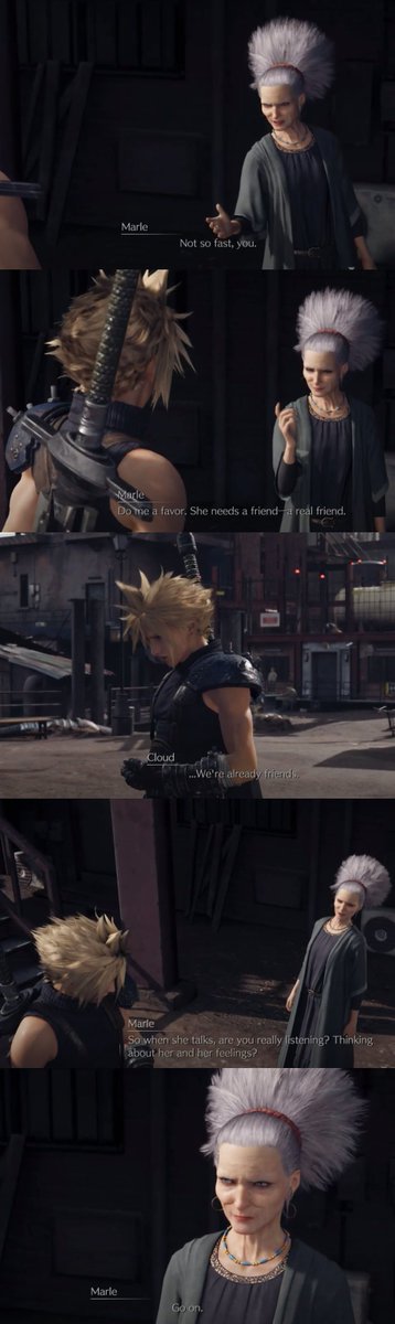 This FF7R scene in Cloud's room is new, as well as new character Marle, who tells Cloud to listen to Tifa. He does this & Tifa notices, calling him out for "losing his hard edge" & then we get the famous tension filled scene between the 2 & Cloud whispering "Goodnight Tifa."