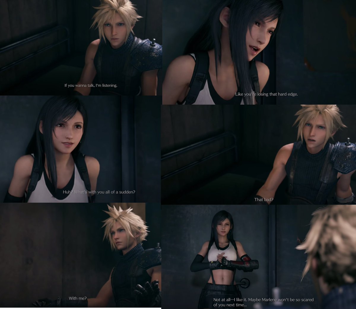 This FF7R scene in Cloud's room is new, as well as new character Marle, who tells Cloud to listen to Tifa. He does this & Tifa notices, calling him out for "losing his hard edge" & then we get the famous tension filled scene between the 2 & Cloud whispering "Goodnight Tifa."