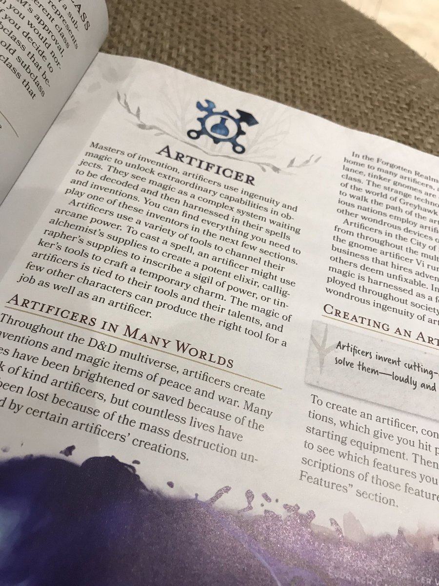 Next we get to the parts I am less interested in... PC options. Sorry players, this stuff makes me yawn. :)The Artificer gets it’s first full writeup, free of Eberron trappings. And look!! Sigil lore!