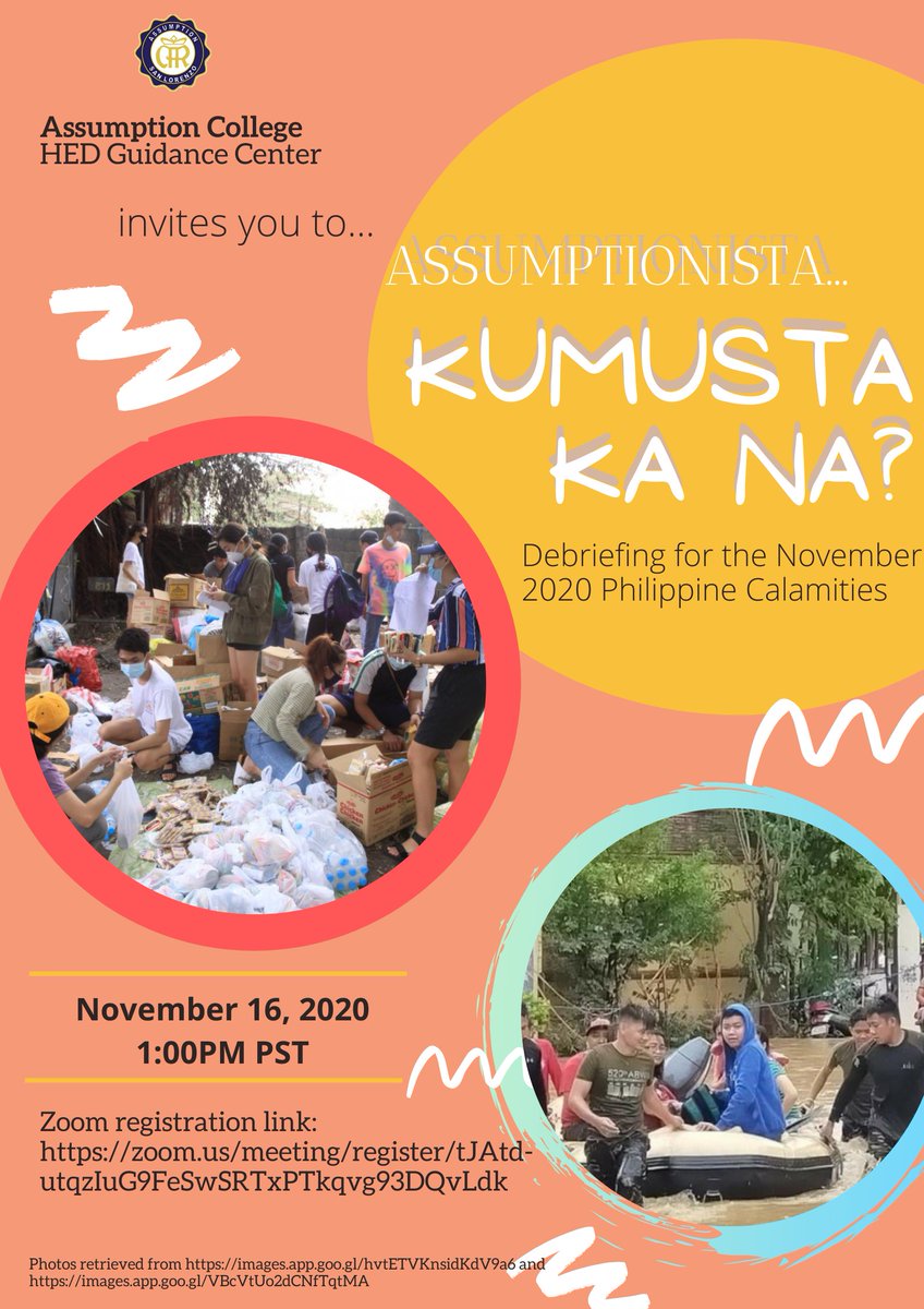GuidanceAC's tweet photo. 1/2 Our dear Assumptionistas,
2020 has truly challenged us in many ways. In light of this, we would like to invite you to a debriefing session, a kumustahan to listen and understand your situation. The Student Formation Team invites you this afternoon, November 16, 2020 at 1:00PM https://t.co/oXkWhJGCrg