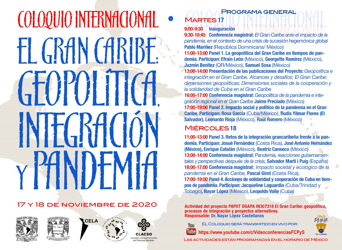 UNAM_FCPyS's tweet photo. "Coloquio internacional ""El Gran Caribe: Geopolítica Integración y Pandemia""

Transmisión https://t.co/KkA6n7n75l

|| #PPEL #CLACSO #CELA #FCPyS #UNAM" https://t.co/nUpID9URaM