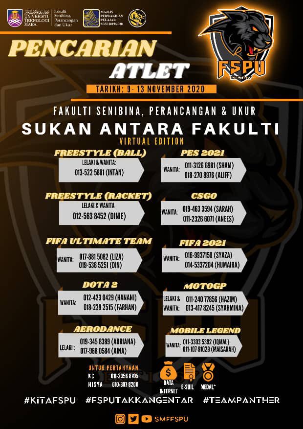 smffspu's tweet photo. Isnin | 16 November 2020

Assalamualaikum w.b.t.
Salam sejahtera
Salam UiTM dihatiku. 

PENCARIAN ATLET SUKAN ANTARA FAKULTI VIRTUAL EDITION (SAFVE)

Tarikh pencarian atlet: 9-18 November 2020
Tarikh acara: 28 November-20 Disember 2020

Untuk pertanyaan: 
https://t.co/TPfFFz5cQe https://t.co/i54rkWuVNV
