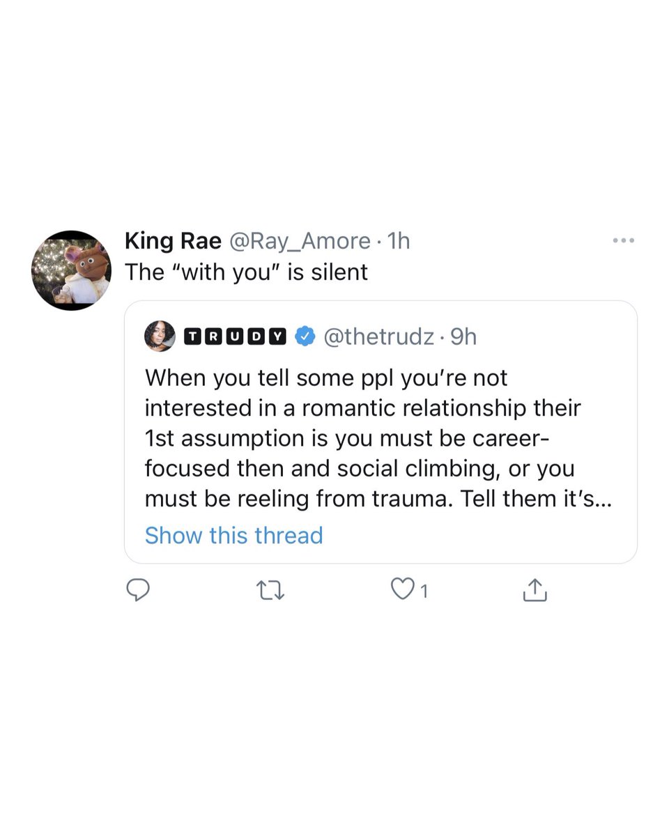 These replies reveal a particular irony to me. People *still* cannot work past the idea that some ppl don’t desire romantic relationships. They’re still trying to push topic back to that despite my tweets being clear. Wasn’t about “rejecting” anyone...for another someone.