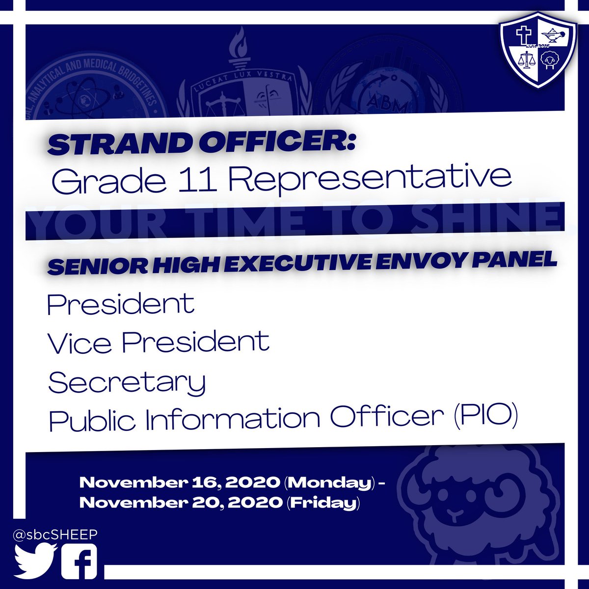 sbcSHEEP's tweet photo. Your time to shine! 😉 

For this school year's SHEEP and Strand Elections, be reminded that these are the only positions you may run for. You may get your candidacy form through your adviser or any of your SHEEP and Strand Representatives until Friday. 💙 

Best of luck! ✨ https://t.co/aTzTJdtnJg