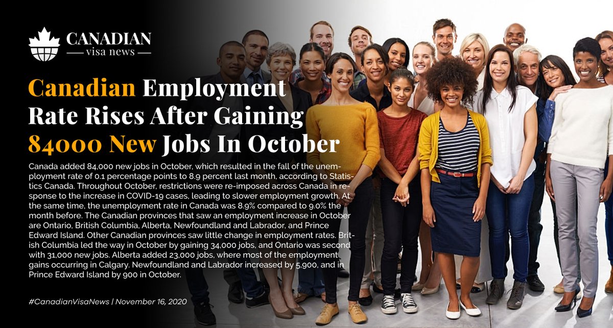 Canada added 84,000 new jobs in October, which resulted in the fall of the unemployment rate of 0.1 percentage points to 8.9 percent last month, according to Statistics Canada.

#canada #ircc #iccrc #canadanews #canadavisanews #news #immigration #jobsincanada #canadaemployment