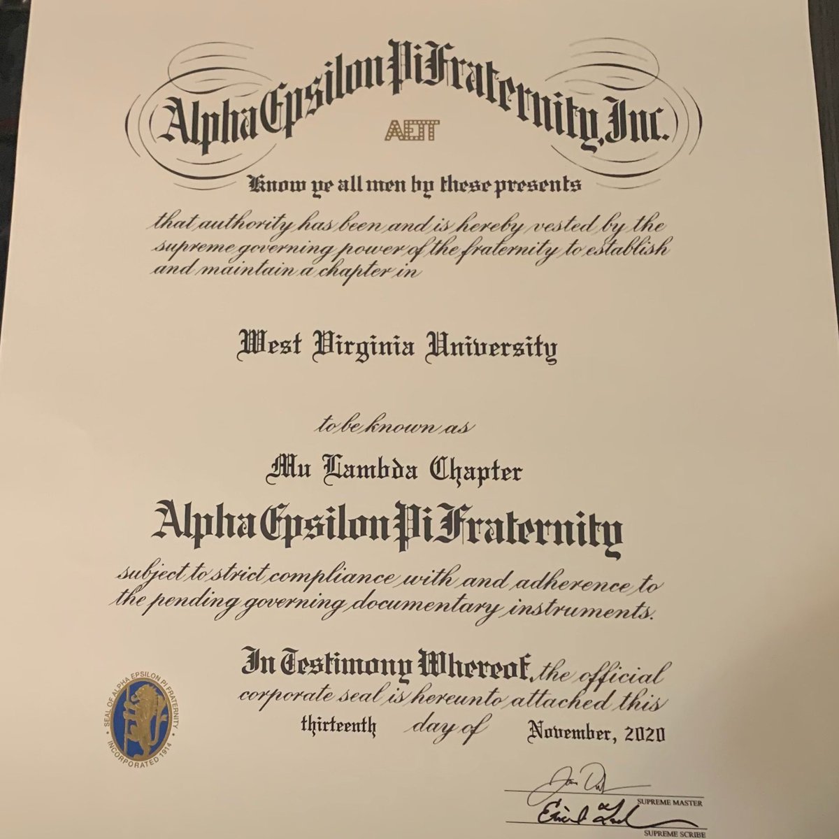 Friday night, we received a great honor in becoming a chapter for the Alpha Epsilon Pi Fraternity. Eight long years of hard work and effort finally accumulated in us gaining this moment.We are very proud to be a Pi!