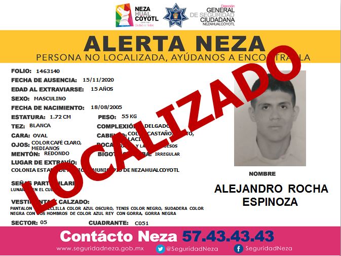AlertaNeza's tweet photo. #AlertaNeza agradecemos el apoyo brindado #AlejandroRocha un ya fue #Localizado. https://t.co/uLYrDmgQRL