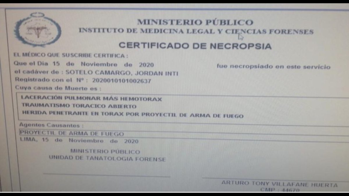 ronaldgamarra's tweet photo. Asesinos!

La necropsia practicada a Jordan Inti Sotelo Camargo concluye que murió -fue asesinado- a consecuencia de un proyectil de arma de fuego. https://t.co/th7nmBsJxP