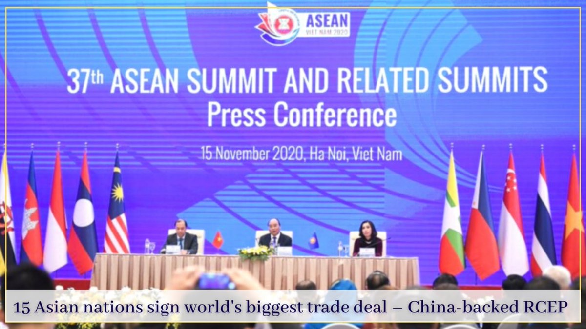 samirsinh189's tweet photo. 15 Asian nations sign world's biggest trade deal – China-backed #RCEP. India mindfully opts out. It may increase Chinese influence & #ASEANnations trade deficit in China's favor, kill local businesses due to Chinese dumping. First big diplomatic win for China after #USelection. https://t.co/IF1Corm1ZX