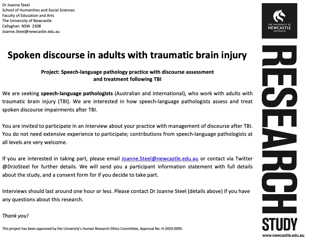 #slpeeps we would love to hear your thoughts about discourse assessment and treatment after #TBI! Ethically approved interview study following on from our recent survey. DM me for details if interested or see below. Please RT #ABI #CogComm