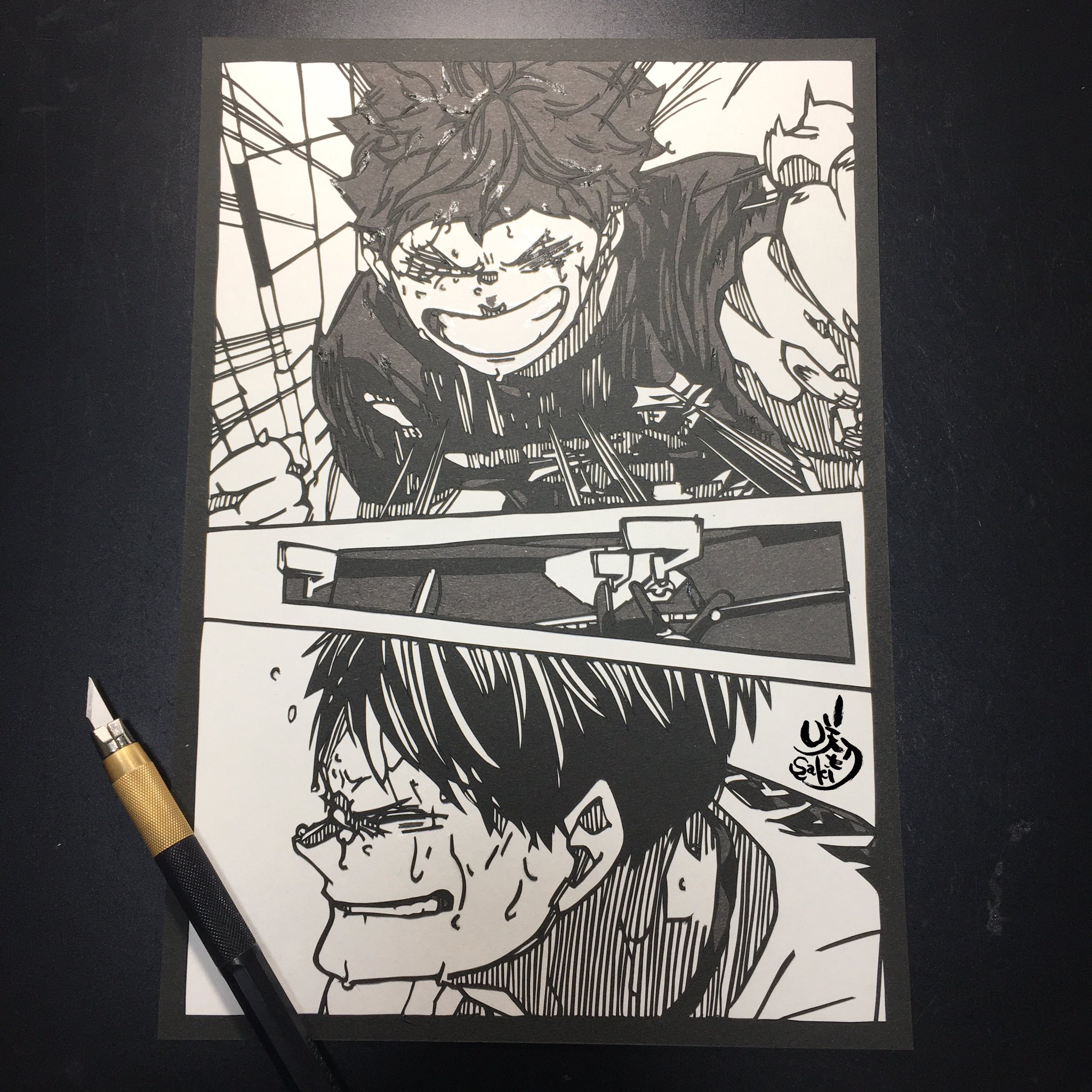 Twitter 上的 咲切 Saki 比較的最近切った中の自信作 褒めて褒めて 原作の隣に自分の作品を貼る 切り絵 剥がし切り絵 ハイキュー ハイキュー切り絵展 宮侑 宮治 日向翔陽 影山飛雄 T Co Aqe4yfzual Twitter