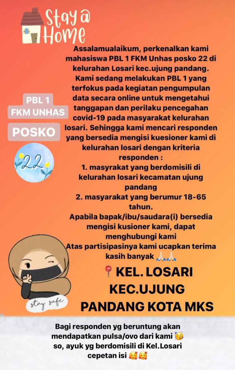 kuesioner PBL 1. Kami meminta bantuan bapak/ibu untuk membantu menyebarkan link kuesioner kami kepada warga yang berada di Kelurahan Losari. Bantuan bapak/ibu sangat berharga untuk kami🙏🏻. 

Tabe ini link kuesioner kami bapak/ibu.
bit.ly/PBL_UjungPanda…