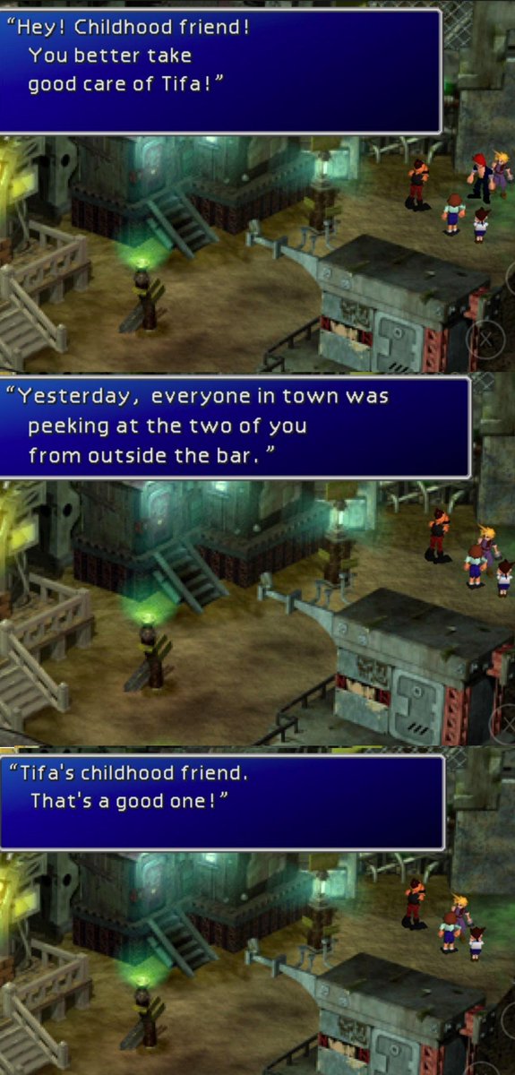 In OG, Cloud runs into Johnny who is leaving & the NPCs say they were watching him & Tifa, teasing him about being her childhood friend. In FF7R, Cloti rescues Johnny & Tifa noticing there's something different & scary about Cloud's behavior after he tries to murd3r everyone 