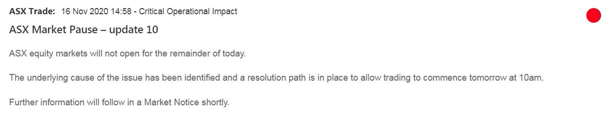 Well, no more trading on the ASX today. A "resolution path" will see trading resume tomorrow morning.