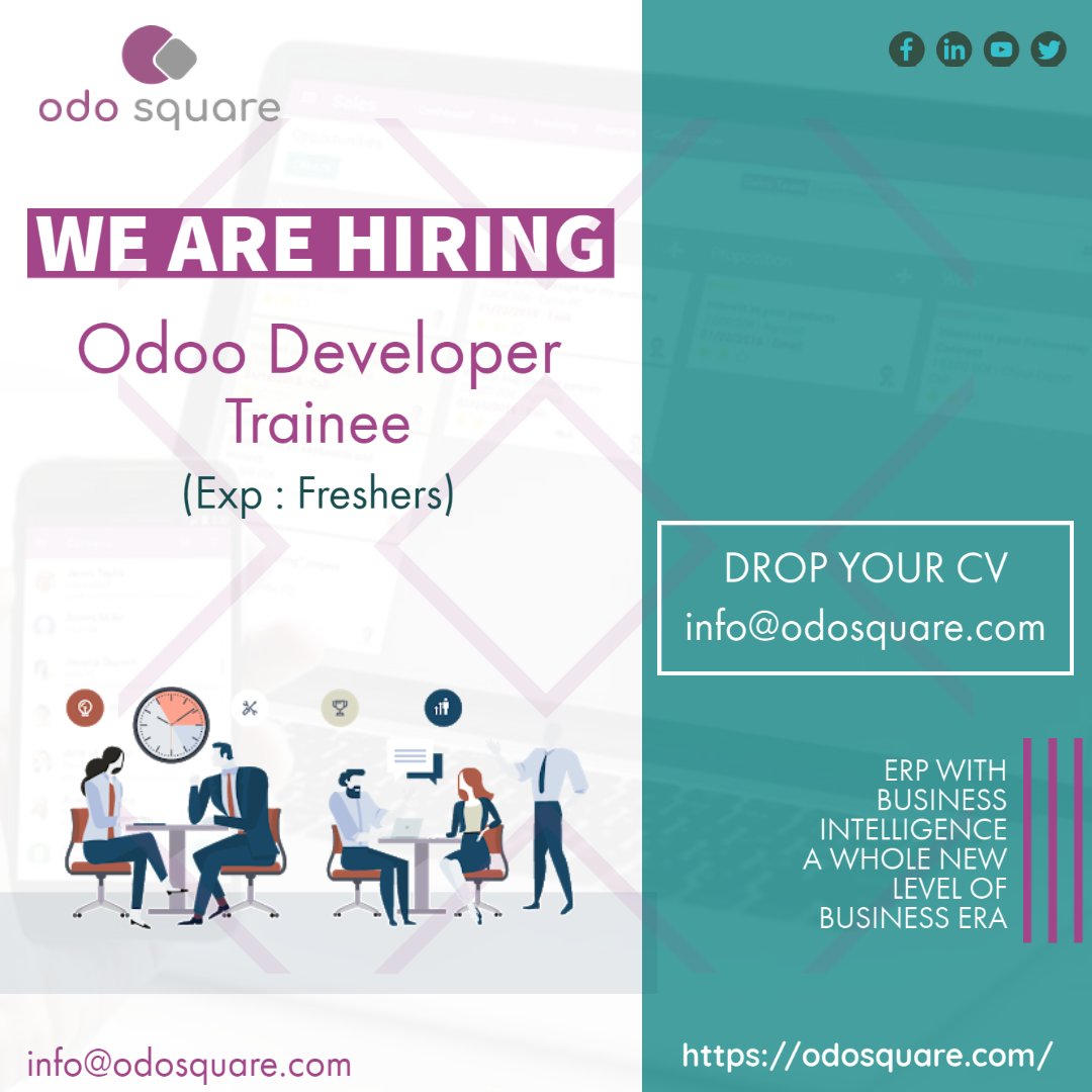 odo_square's tweet image. We are providing free training for interested candidates in python/Odoo. Based on the performance during the training section ,we will be selecting them to recruit as Odoo developers.

Send your Cv to info@odosquare.com

Location : Calicut

#odoo #odoodevelopers #Hiring