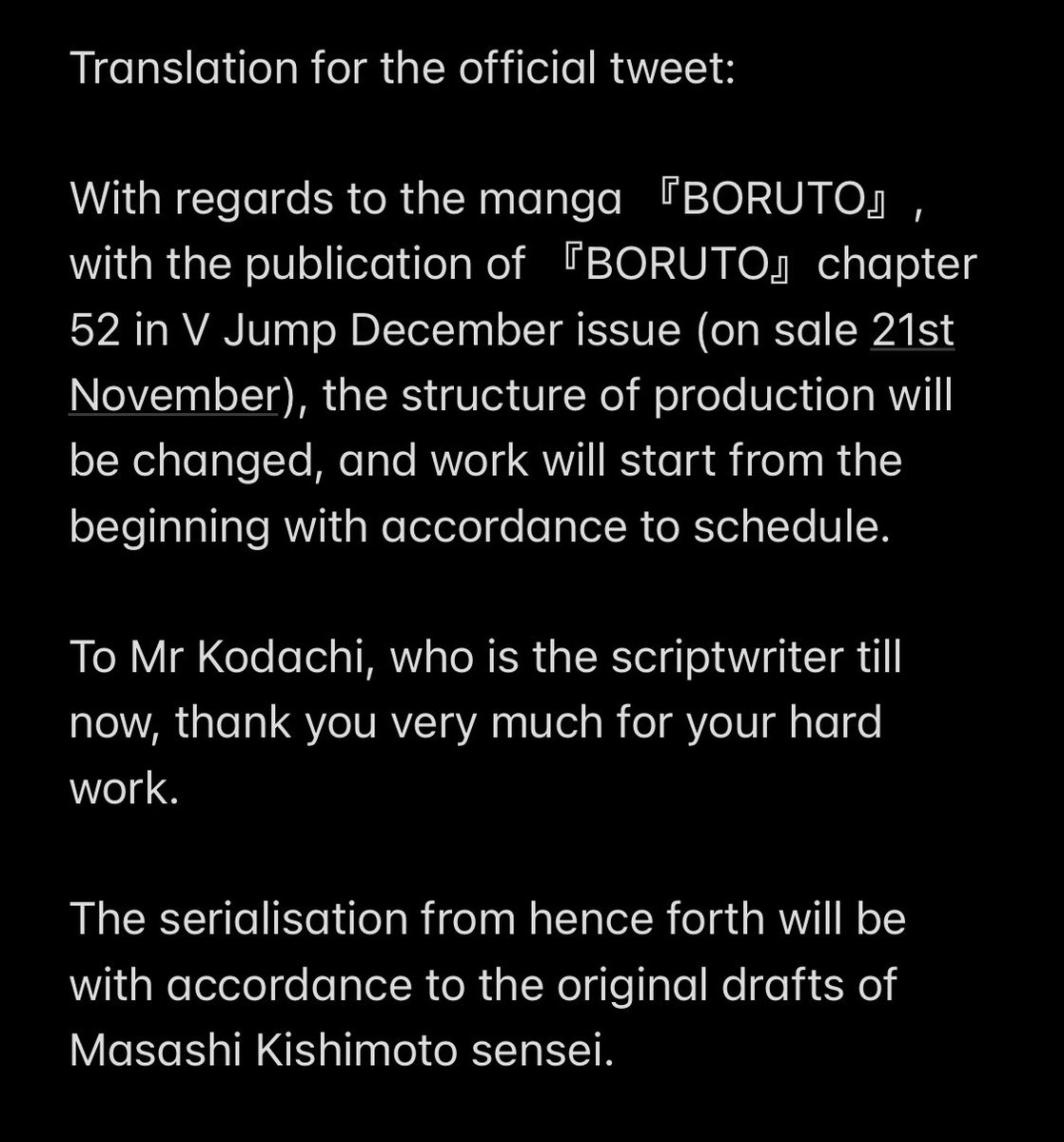 BREAKING ❗️

Masashi Kishimoto will take charge of scriptwriting the Boruto Manga starting from Boruto Chapter 53. 

Ukyo Kodachi has announced his departure from the position of scriptwriter for the Manga!!