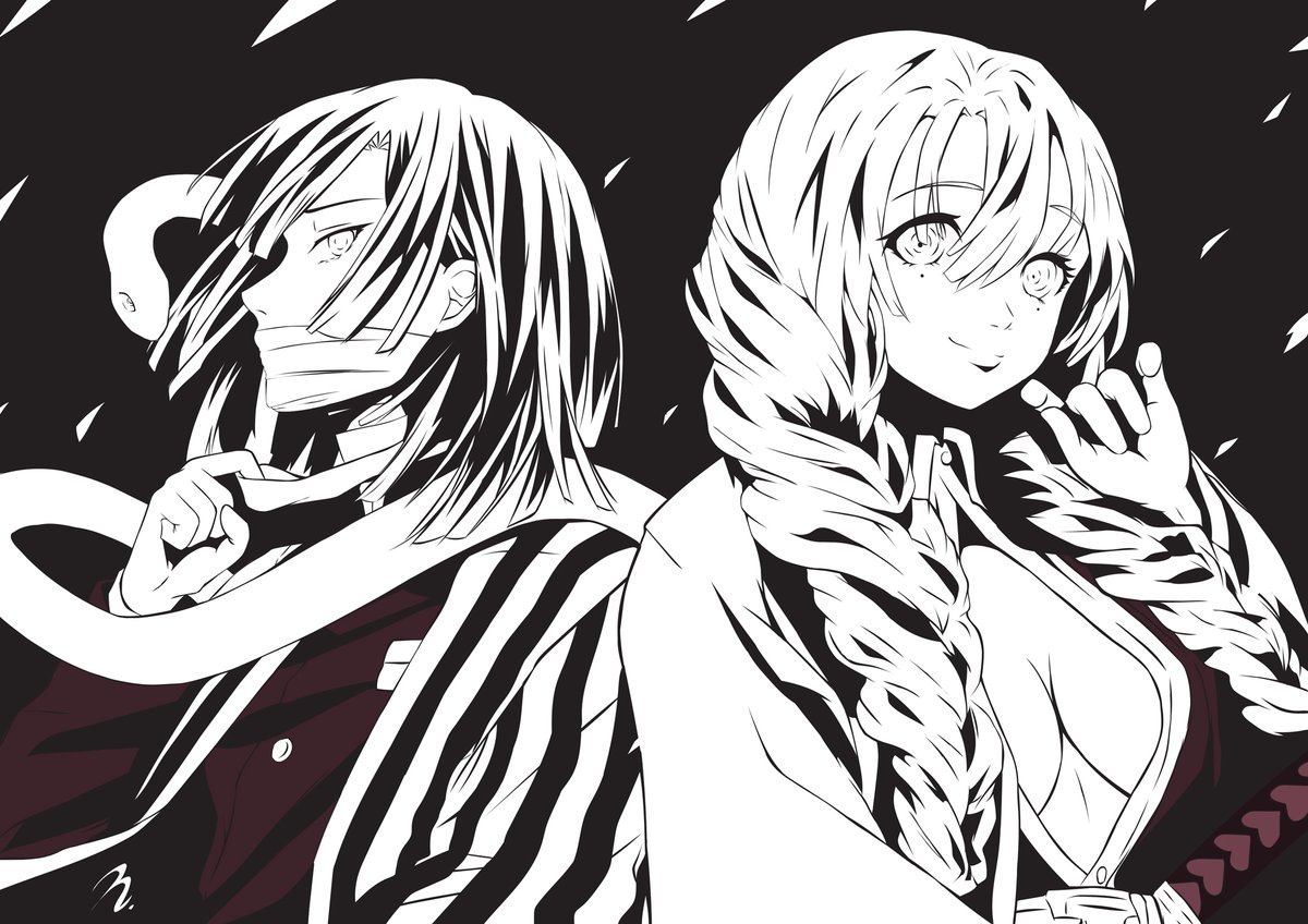 Nemu 鬼滅の刃 伊黒小芭内 甘露寺蜜璃 イラスト モノクロ