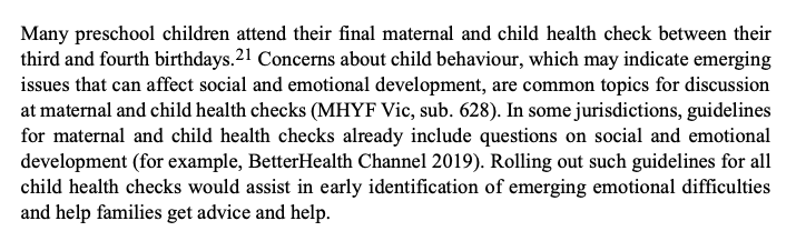 In terms of early intervention, draft recommendations which included a "social and emotional wellbeing" check as part of general child health checks received a backlash by some due to concerns about overmedication. Still pursuing this. /2