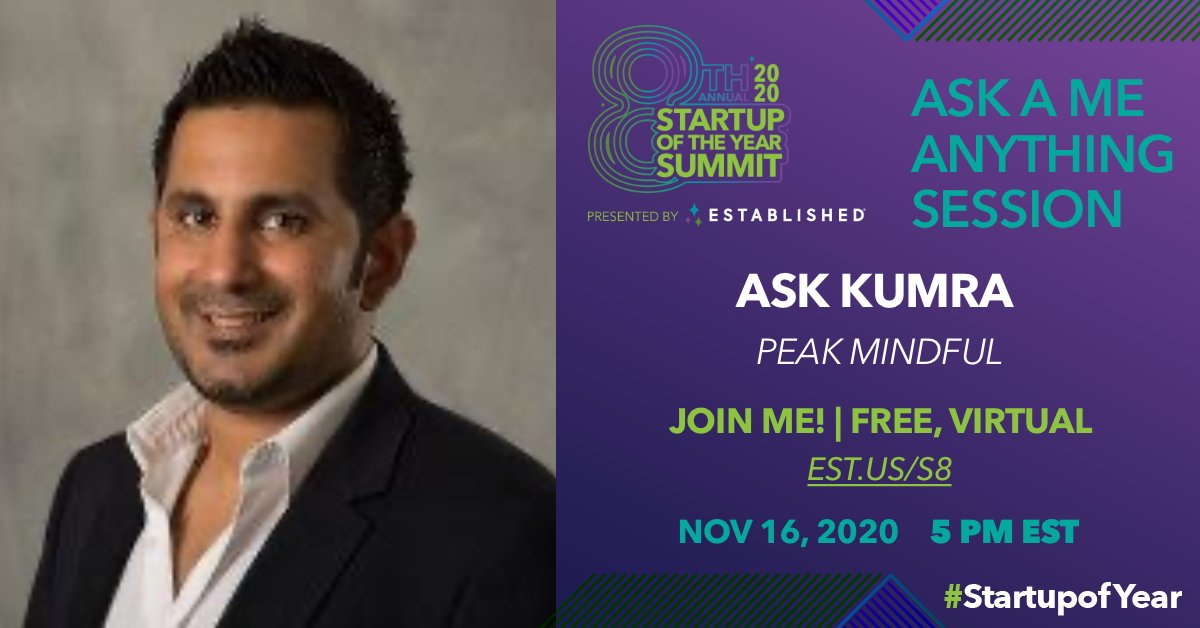 Thank you @frankgruber and #startupoftheyear for the opportunity to do a #mindfulness #ama tomorrow Nov 16th, 2pm pst/5pm est! Link: est.us/summit2020 .